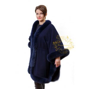 Синее пончо/пальто с меховой отделкой арт.1465